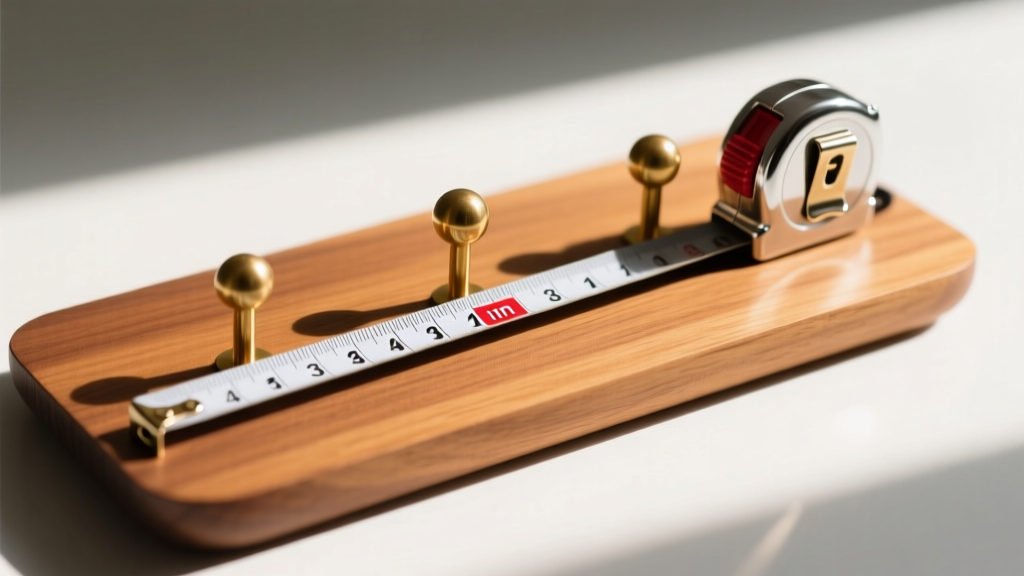 Photo showing a tape measure across a wooden necklace holder board, indicating three-inch spacing between small brass cup hooks.