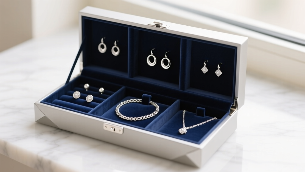 Anti-tarnish jewelry storage box with individual velvet compartments holding silver-plated earrings and a delicate silver chain