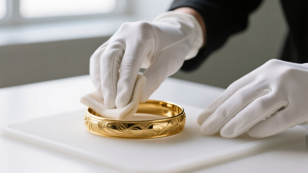 Gloved hands wiping a gold-plated brass bangle with a specialized microfiber polishing cloth on a clean white silicone work mat.