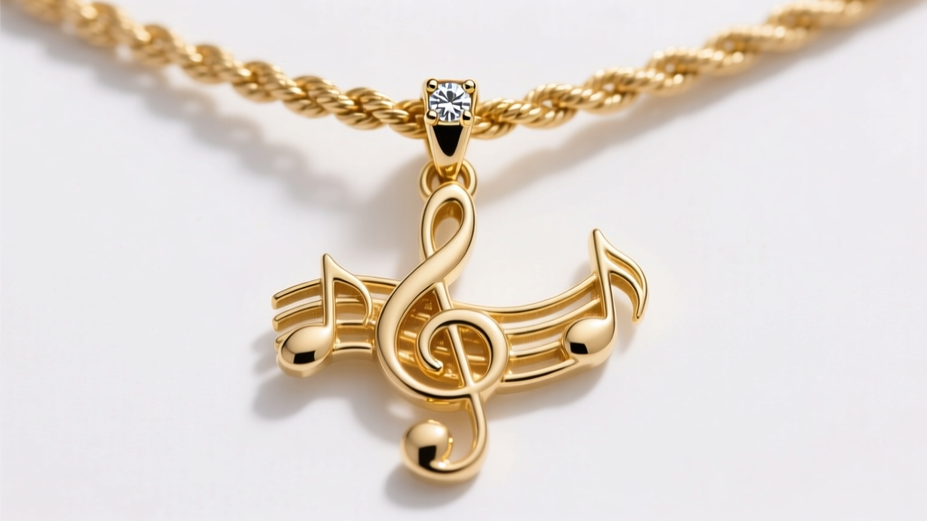 Macro shot of a gold rope chain threading through an 8mm diamond bail attached to a musical motif pendant in sharp studio focus.