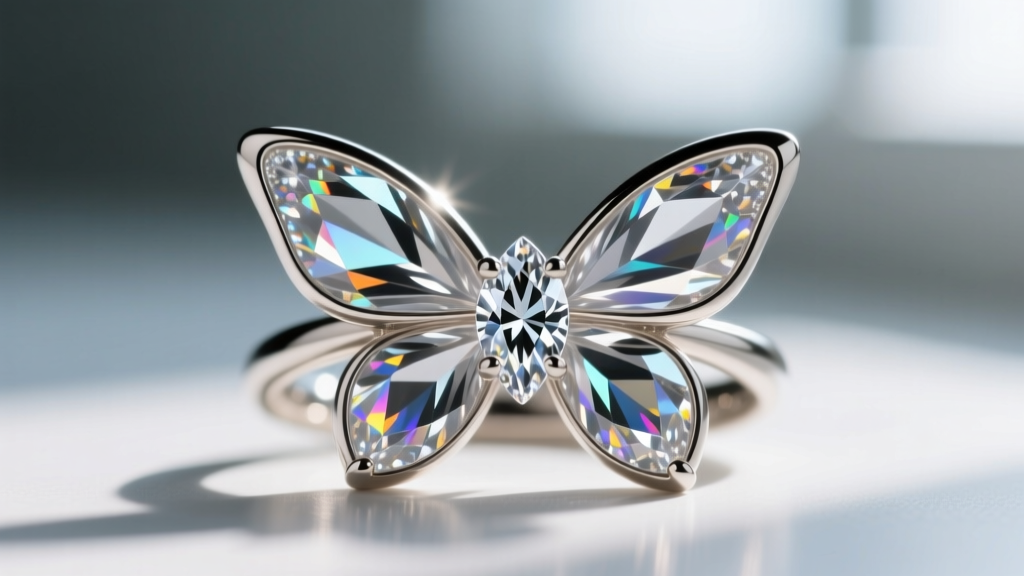 Extreme macro shot of a bezel-set marquise diamond forming a butterfly wing, showing the smooth metal rim securing the stone.