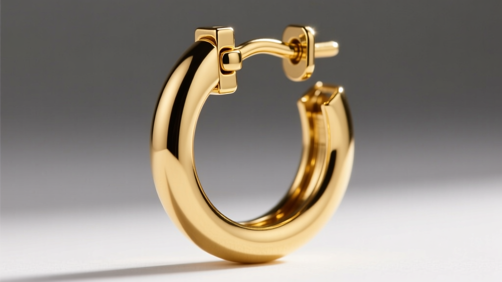 Macro photography of a hinged snap-back clasp on a thick gold vermeil hoop earring showing interlocking pin and hinge mechanism