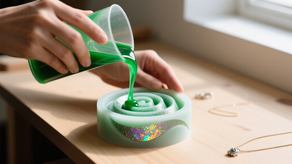 Hands pouring jade-green epoxy resin into a silicone spiral mold, showing mica powder swirling on a clean wooden jewelry bench