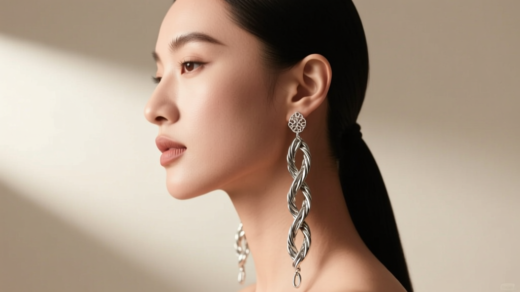 Side profile of a woman with an oval face wearing long, articulated silver braided whip drop earrings that elongate her jawline