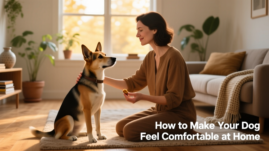 A person gently guiding a dog through basic sit and stay commands using positive reinforcement