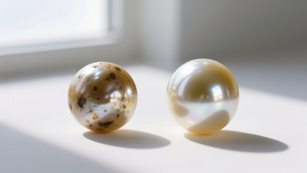 Macro comparison of a dull, heavily blemished baroque pearl next to a high-luster pearl showing sharp and crisp light reflections