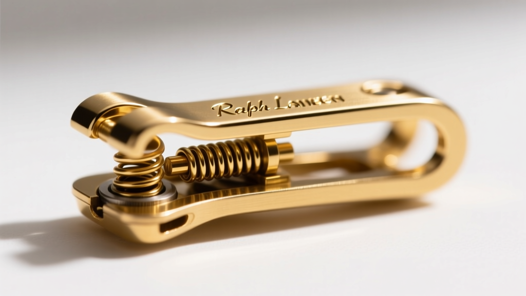 Macro shot of a Ralph Lauren omega clip mechanism showing gold plating over brass, highlighting the tension spring and hinge.