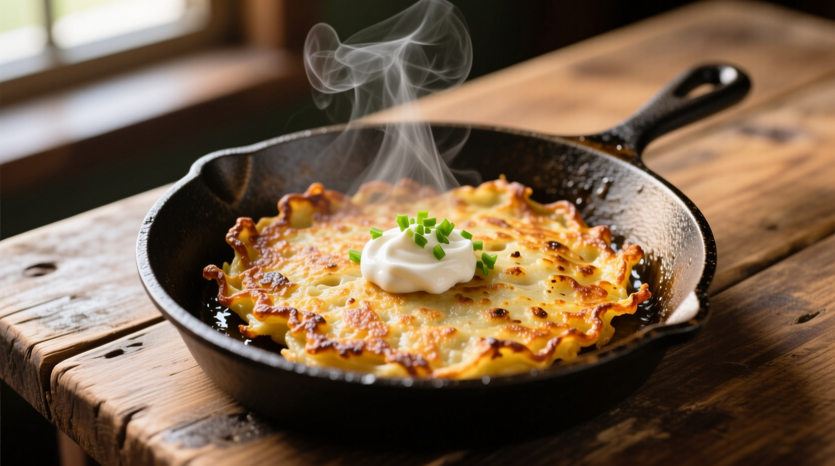 Golden brown potato pancakes on cast iron skillet