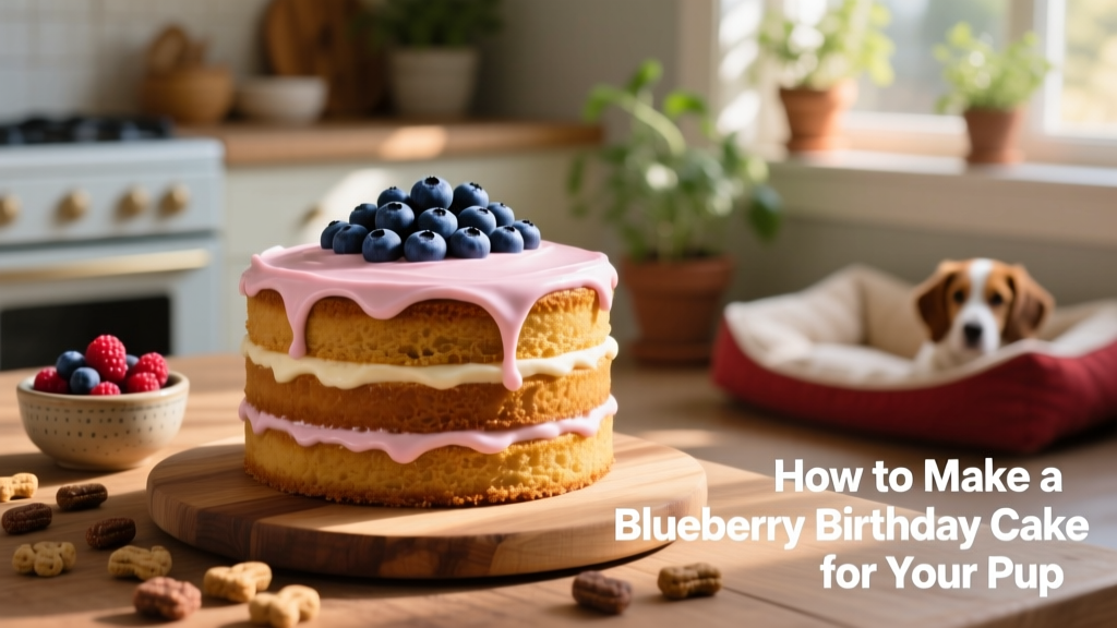 A golden-brown, three-layer dog cake topped with fresh blueberries and a light pink yogurt frosting