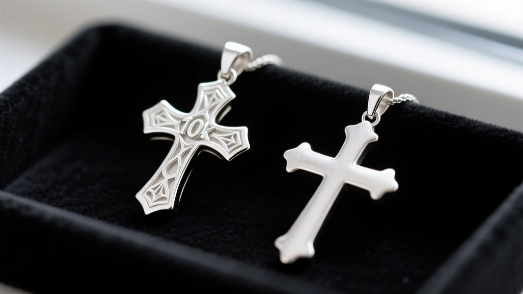 Macro shot comparing a 10k white gold cross pendant and a sterling silver cross side by side on a dark jeweler