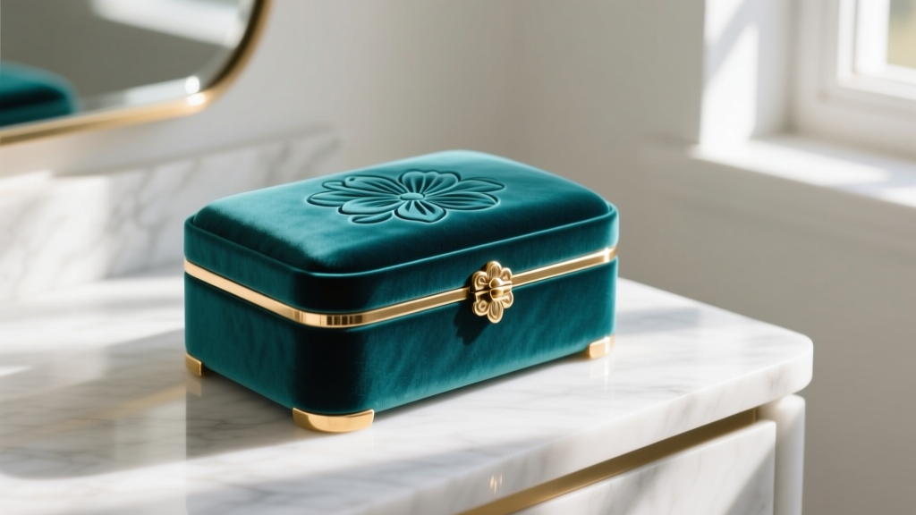 Luxurious teal velvet jewelry box with polished brass hardware on a white marble vanity, illuminated by soft morning window light.