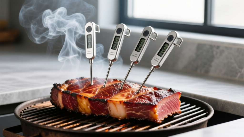 Four stainless steel wireless meat thermometer probes inserted into a thick brisket on a smoker grill with wood smoke billowing
