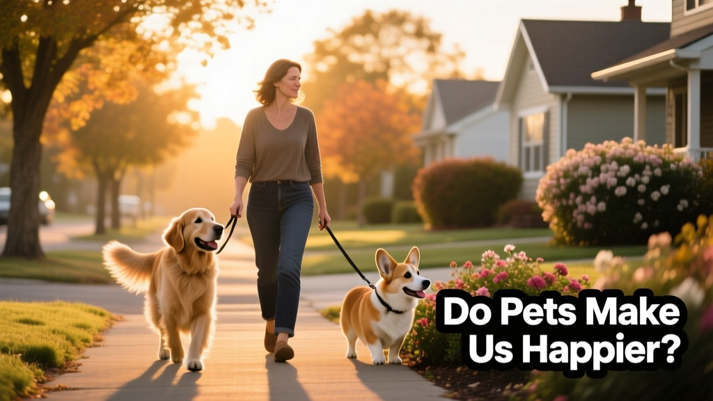 A woman walking two dogs along a tree-lined neighborhood street at sunrise