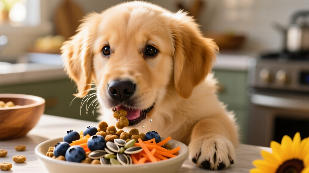 A close-up of a golden retriever puppy eagerly eating kibble topped with colorful, natural food clusters