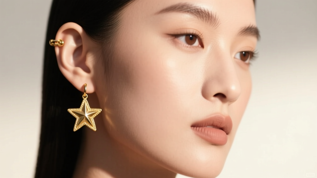 Model wearing gold clip on star earrings, displaying the padded tension clasp on the earlobe under soft, warm studio lighting