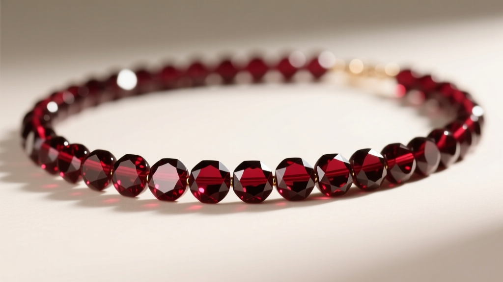 Macro shot of a dark red bead necklace with faceted pyrope garnets, showing deep crimson inclusions and light refraction on silk.