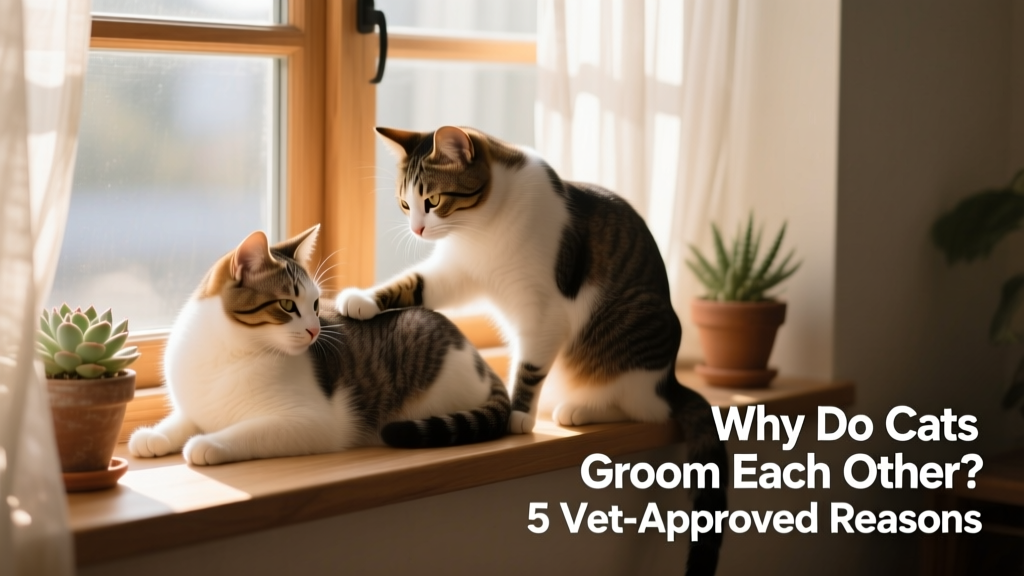 Two cats grooming each other peacefully on a sunlit windowsill