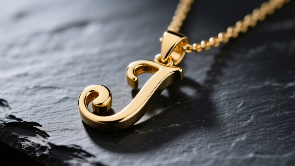 Macro shot of a polished 14k yellow gold letter J necklace pendant on dark slate, highlighting serif curves and hidden bail.
