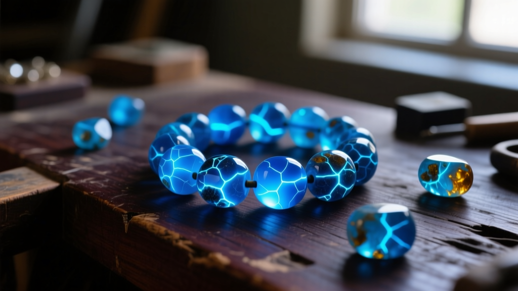 UV flashlight illuminating raw Mexican amber beads glowing bright fluorescent blue against a dark wooden jeweler workbench surface