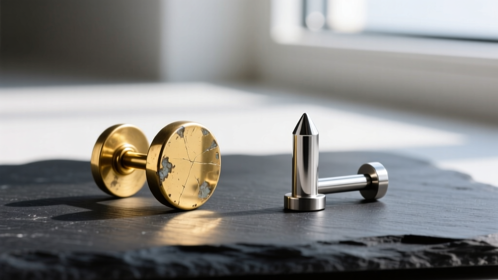 Side-by-side comparison of a worn gold-plated brass earring post and a pristine titanium labret stud on a dark slate surface.