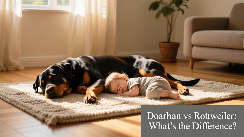 A calm Rottweiler lying beside a toddler while both rest peacefully on a sunlit rug