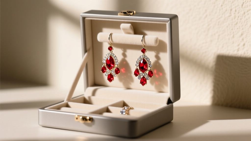 Jewelry box with anti-tarnish compartments, displaying untangled red chandelier earrings hanging neatly from small velvet hooks.