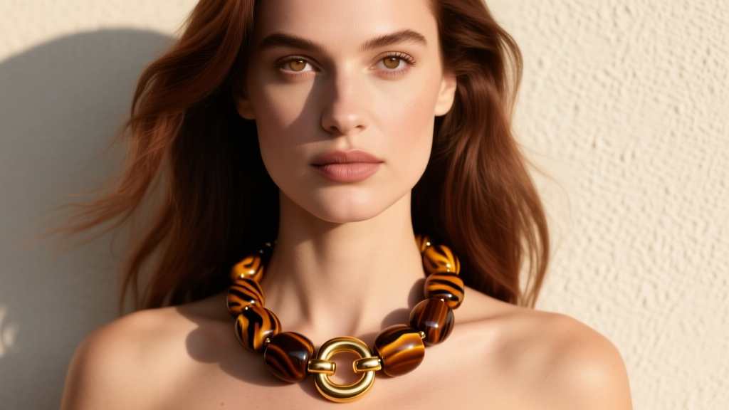 Woman wearing a chunky brown tiger eye statement necklace, showing the heavy brass clasp resting on her collarbone in warm light.