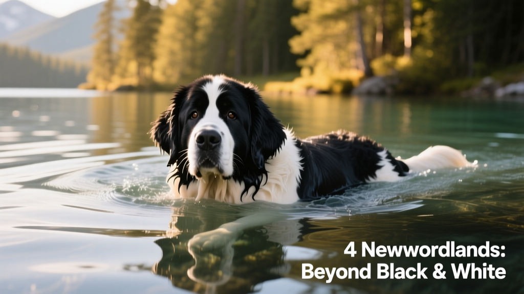 A Landseer Newfoundland swimming calmly in clear lake water, showing off its classic black-and-white markings