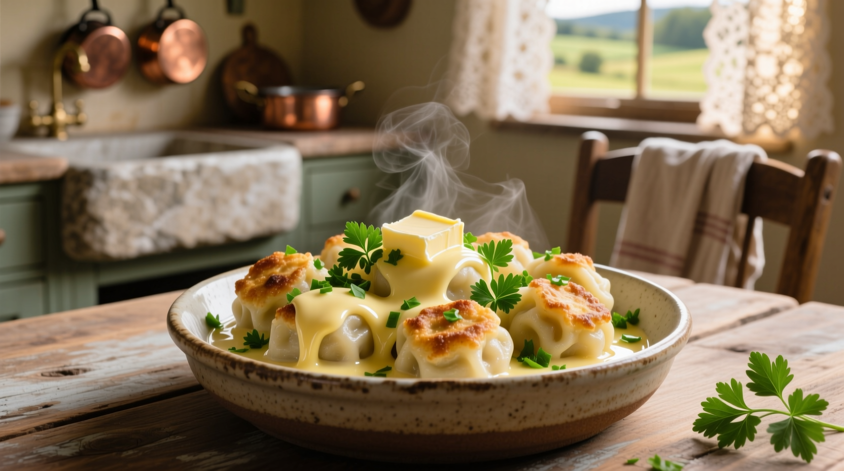 Homemade potato dumplings served with melted butter and fresh parsley