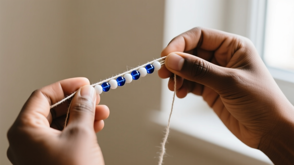 Hands of an artisan stringing small Czech glass seed beads in alternating white and blue patterns for Yemaya onto cotton thread.