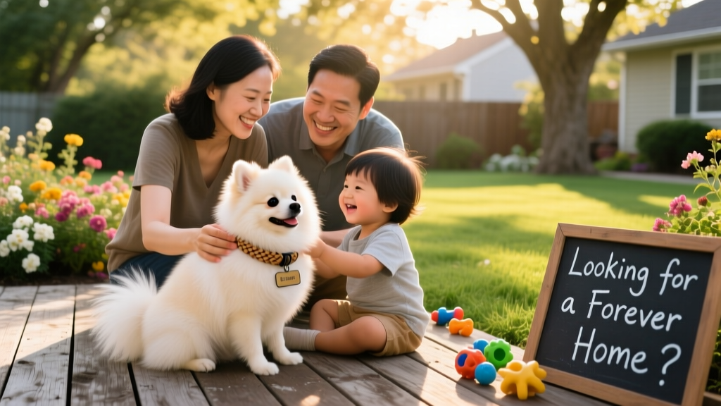 Two adults and a small child gently petting a Pomeranian in a backyard setting
