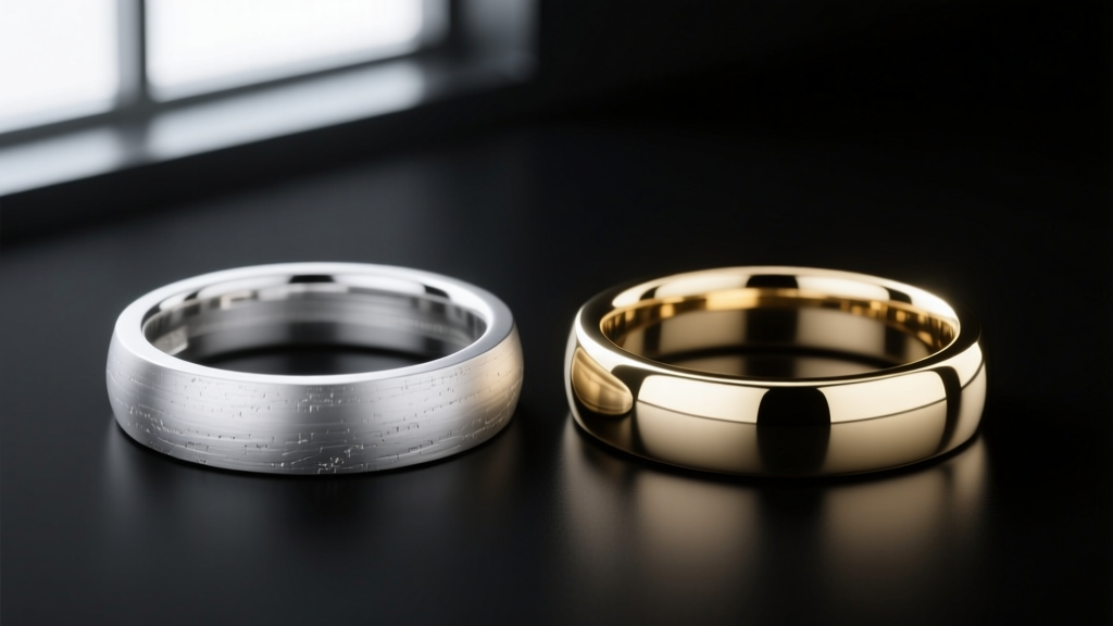 Macro photography comparing the cool gray undertone of unplated 18k white gold against the bright rhodium-plated 14k white gold.