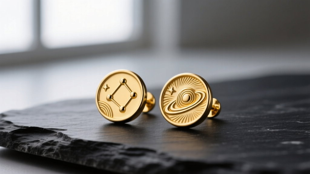 Close-up of 8mm 14k yellow gold mini bas relief stud earrings with abstract celestial motifs, resting elegantly on dark slate.