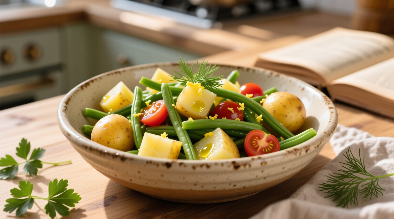 Fresh potato and string bean salad in ceramic bowl