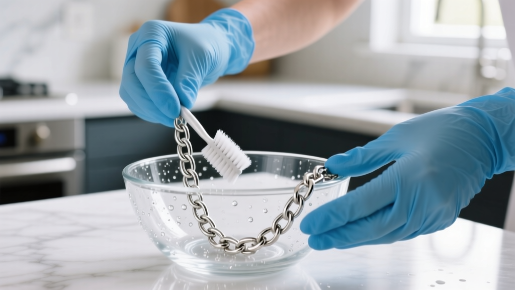 Hands in blue nitrile gloves gently scrubbing a sterling silver box chain with an ultra-soft toothbrush in a clear glass bowl.