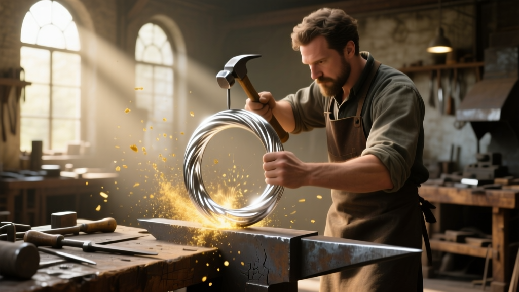Jeweler striking a silver hoop with a planishing hammer in a brightly lit, dusty artisan metalworking shop, showing raw texture.