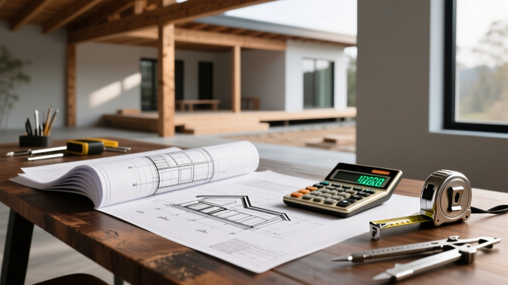 Architectural blueprints spread across a wooden table next to a calculator, tape measure, and modern house framing in the background