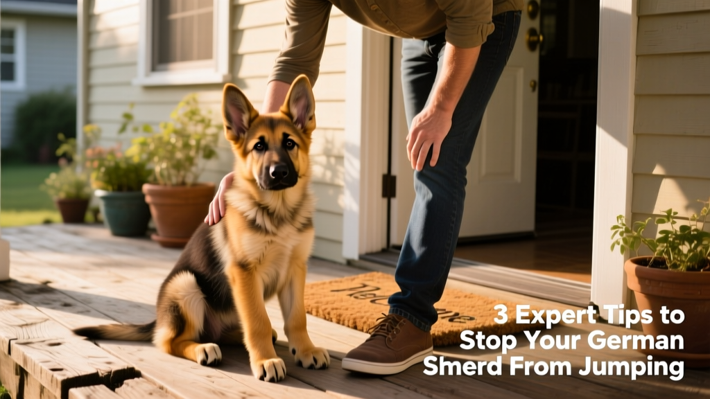 German Shepherd puppy sitting calmly beside its owner at the front door
