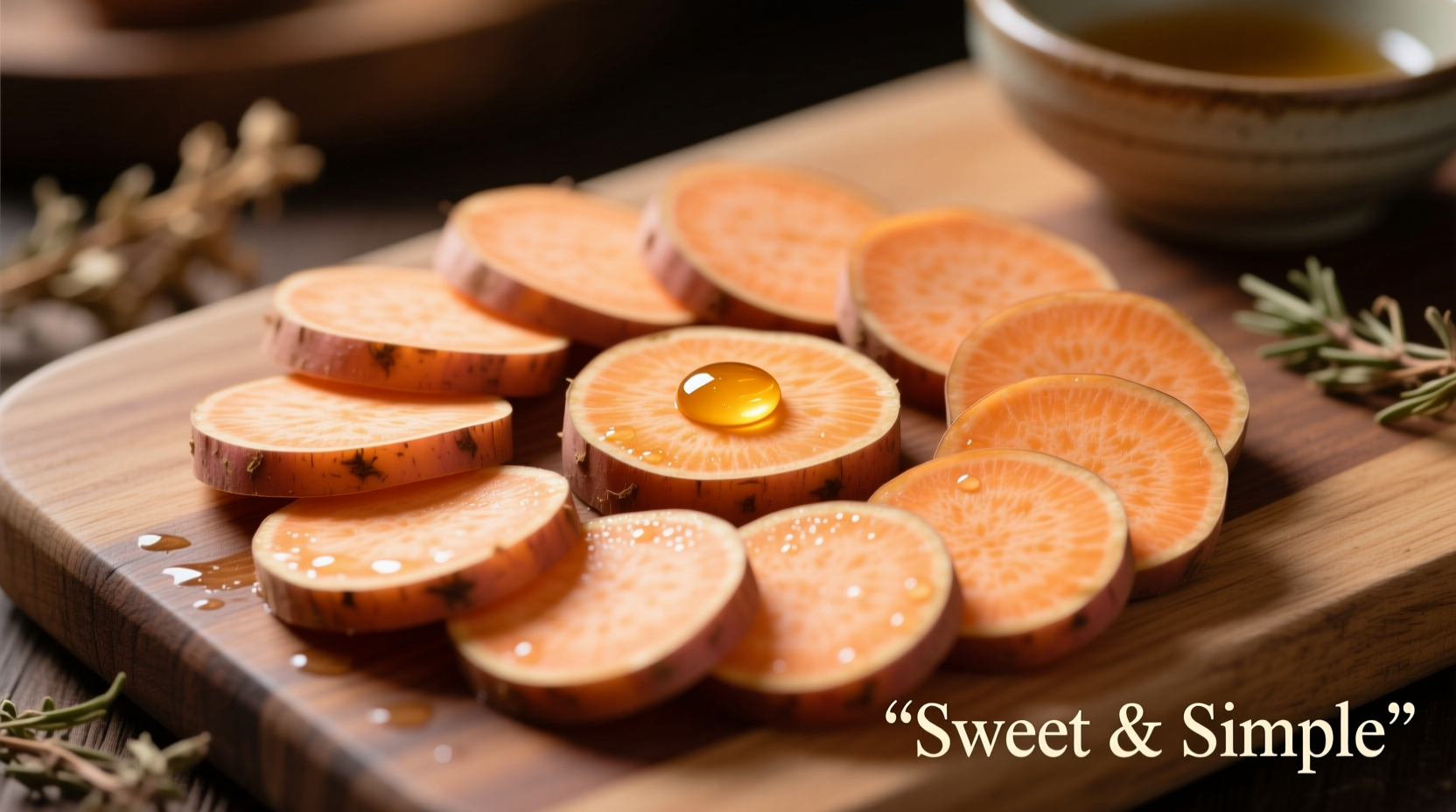 Perfectly sliced sweet potato rounds on cutting board