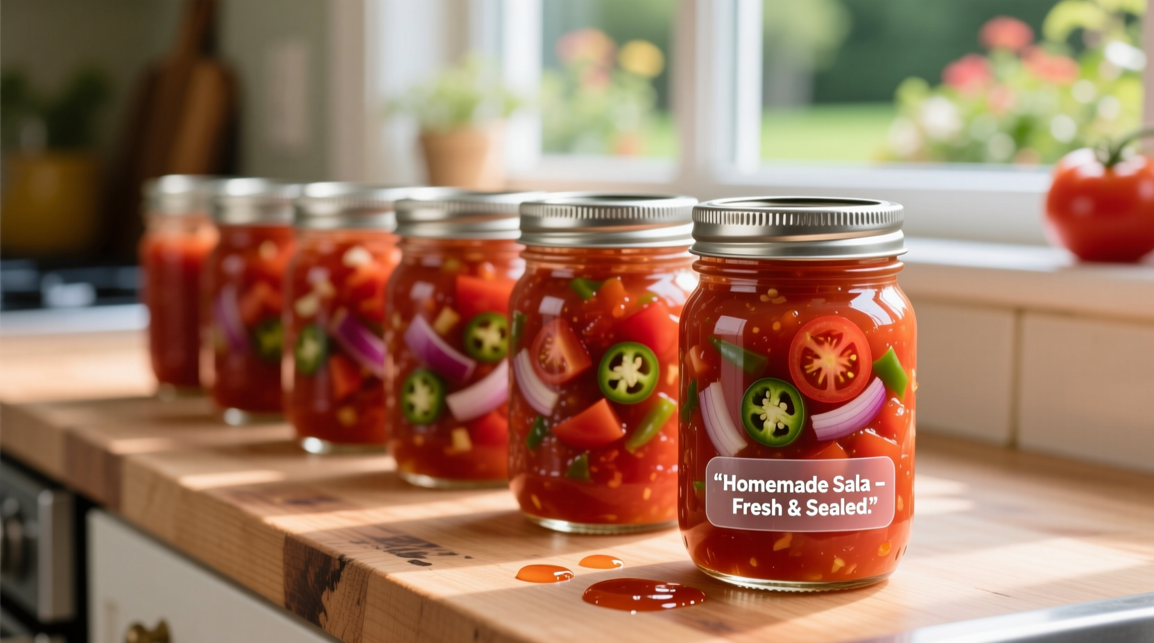 Properly sealed mason jars of tomato salsa on counter