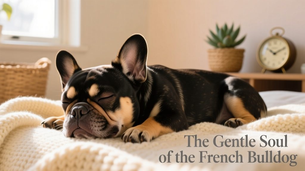 A French Bulldog resting peacefully on a soft blanket, gently snoring with mouth slightly open