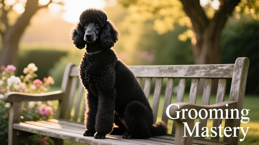 A large black Poodle sitting calmly on an outdoor bench, showcasing a classic groomed coat