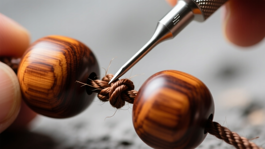 Macro shot of hands using a beading awl to tie a tight overhand knot between two large rosewood beads on heavy-duty nylon cord.