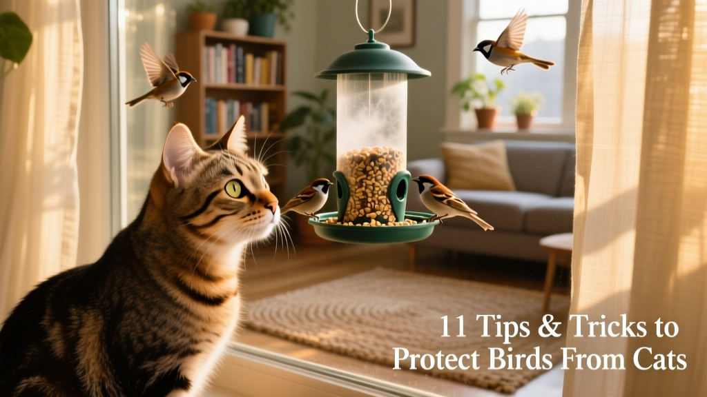 A domestic cat watching a bird feeder from a window, separated by glass