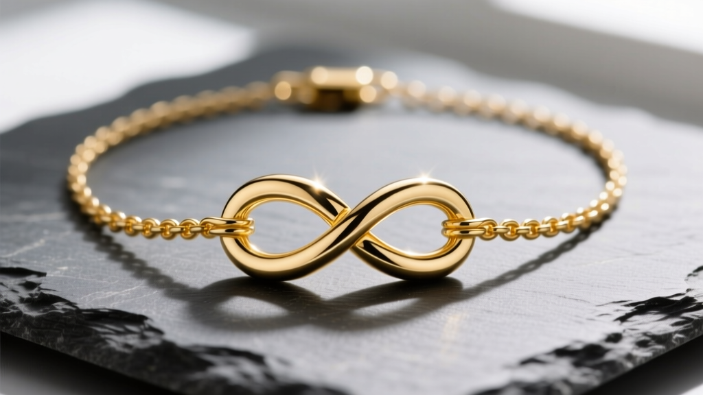 Close-up of a 14k yellow gold infinity knot necklace on slate, showing seamless soldered loops and a brilliant high-shine finish.