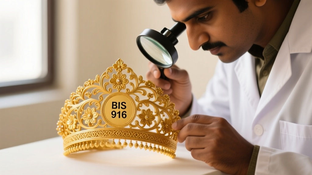 Jeweler examining a BIS 916 hallmark on the reverse of a traditional Indian Matha Patti headpiece crafted in solid yellow gold