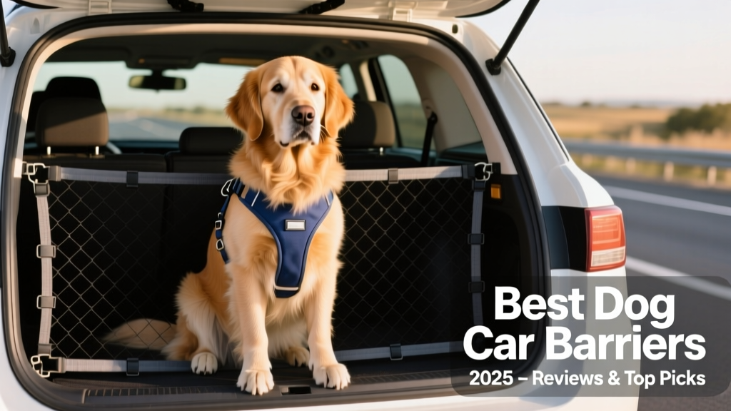 A dog safely seated behind a sturdy mesh car barrier in the back of an SUV