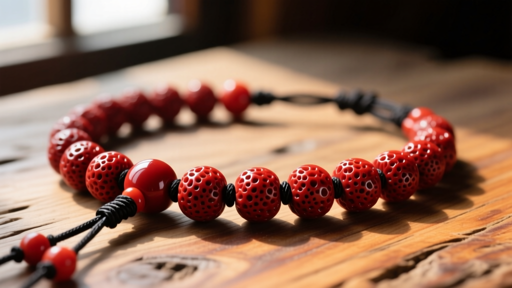 Macro view of a Tibetan coral necklace with deep red porous beads knotted on dark silk thread, resting on a carved wood surface.