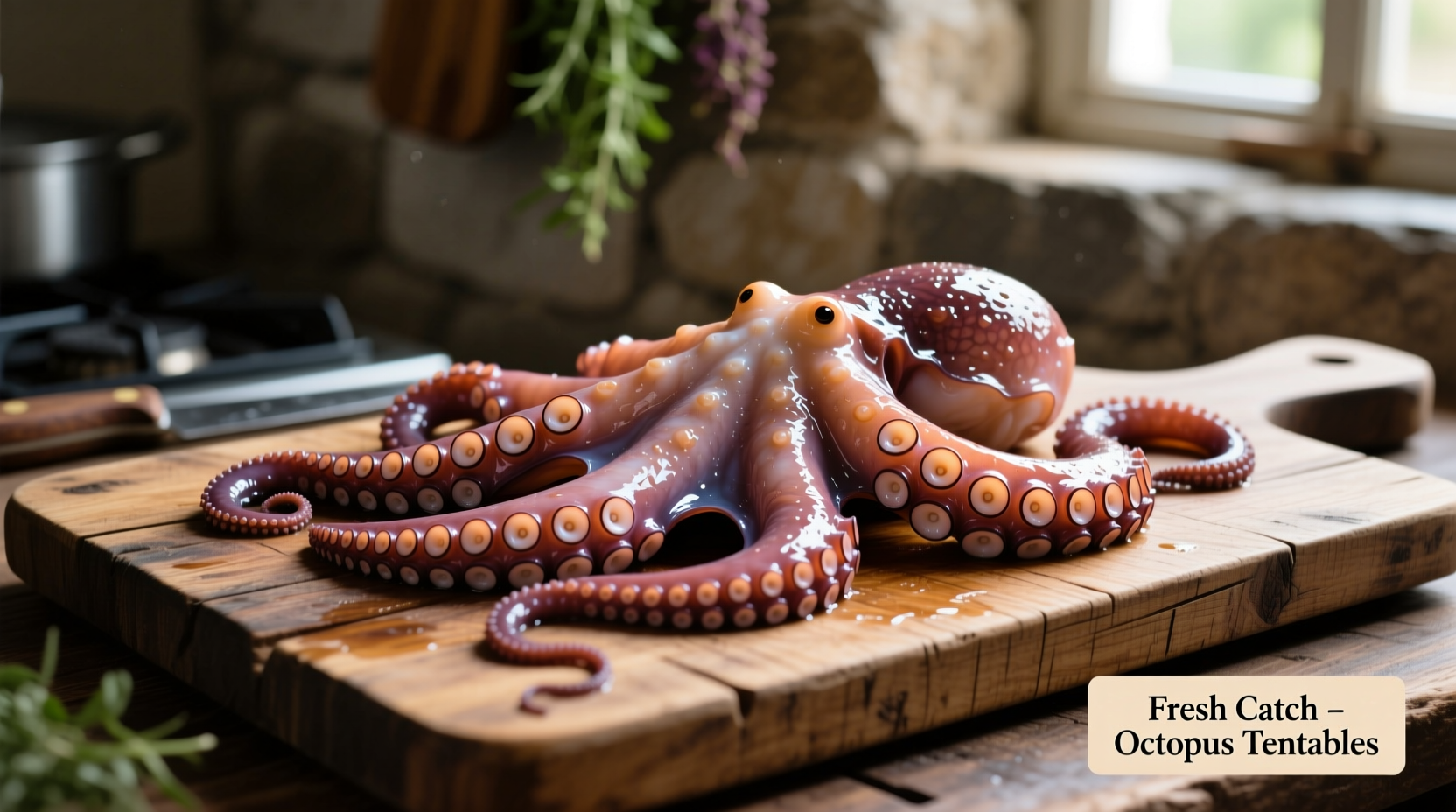 Fresh octopus tentacles on wooden cutting board