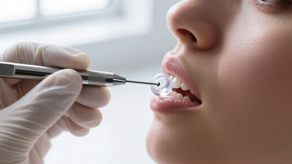Piercer in nitrile gloves guiding a clear glass retainer into a cartilage piercing using a stainless steel insertion taper tool.